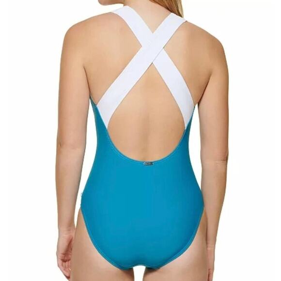 Calvin Klein Colorblocked Cross-Back One-Piece Swimsuit‎ size 8 new!!!! - Picture 2 of 7